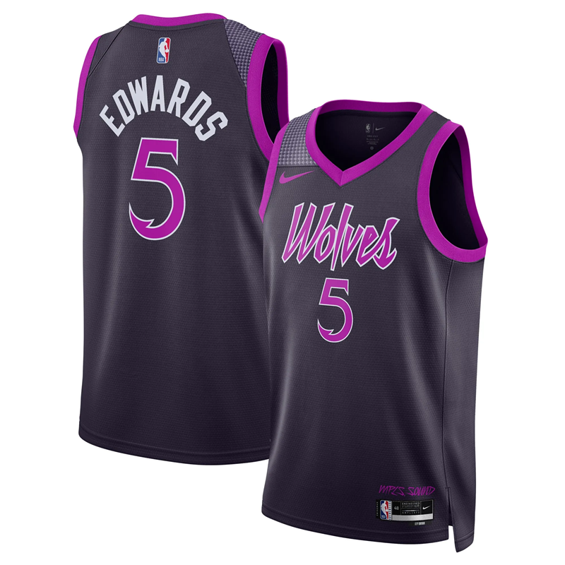 DUNK Sports High Quality Basketball Anthony Edwards #5 Minnesota Timberwolves City Edition 2025-26 Fan Support Team Jersey - Black