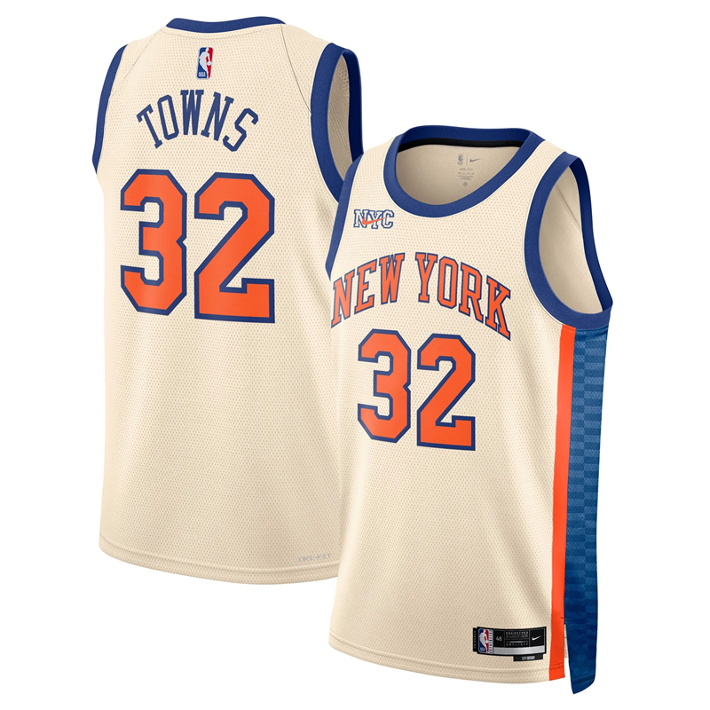 DUNK Sports High Quality Basketball Karl-Anthony Towns #32 New York Knicks City Edition 2025-26 Fan Support Team Jersey - Cream